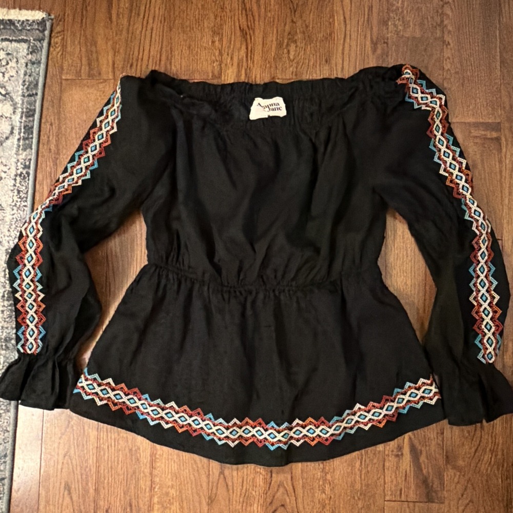 Savanna Jane Embroidered Off The Shoulder Peplum Top Boho Southwestern M Black